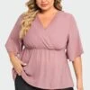 Pink Peplum V Neck Short Sleeve Blouse 1 Pink Peplum V Neck Short Sleeve Blouse -Meetcurve Shop c top009001 1