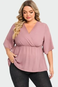 Pink Peplum V Neck Short Sleeve Blouse