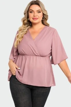 Pink Peplum V Neck Short Sleeve Blouse -Meetcurve Shop c top009001 4