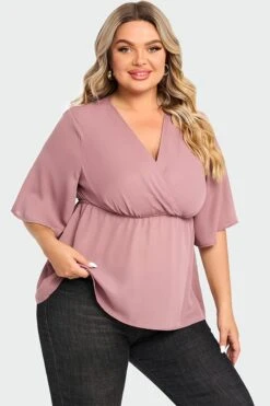 Pink Peplum V Neck Short Sleeve Blouse -Meetcurve Shop c top009001 6