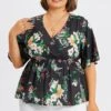 V-Neck Mesh Floral Print Ruffles Top -Meetcurve Shop c top009003 1