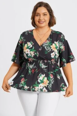 V-Neck Mesh Floral Print Ruffles Top -Meetcurve Shop c top009003 3