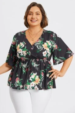V-Neck Mesh Floral Print Ruffles Top -Meetcurve Shop c top009003 4