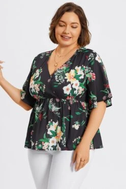 V-Neck Mesh Floral Print Ruffles Top -Meetcurve Shop c top009003 5