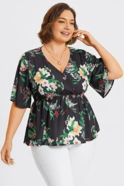 V-Neck Mesh Floral Print Ruffles Top -Meetcurve Shop c top009003 6