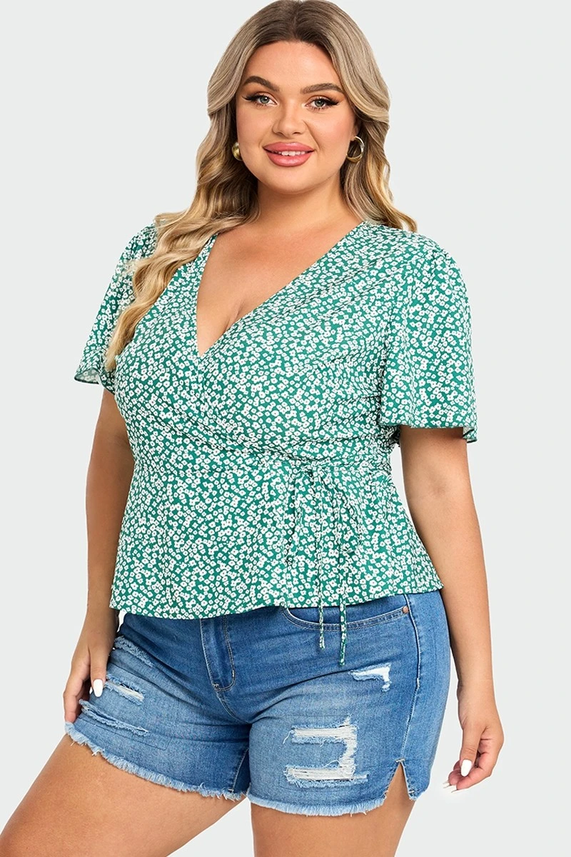 Floral Print Butterfly Sleeve Wrap Knot Side Blouse 7 Floral Print Butterfly Sleeve Wrap Knot Side Blouse - Image 5