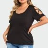 Black Square Neck Lattice Cold Shoulder Top -Meetcurve Shop c top011001 1