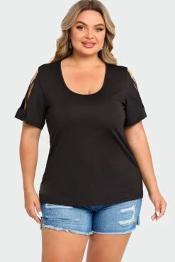 Black Square Neck Lattice Cold Shoulder Top -Meetcurve Shop c top011001 4