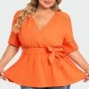 Orange V-Neck Puff Sleeves Side Tie Top 2 Orange V-Neck Puff Sleeves Side Tie Top -Meetcurve Shop c top012001 1