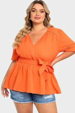 Orange V-Neck Puff Sleeves Side Tie Top -Meetcurve Shop c top012001 3