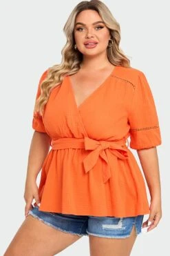 Orange V-Neck Puff Sleeves Side Tie Top -Meetcurve Shop c top012001 4