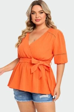 Orange V-Neck Puff Sleeves Side Tie Top -Meetcurve Shop c top012001 5