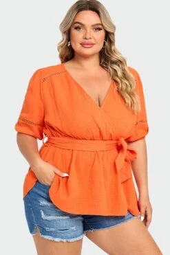 Orange V-Neck Puff Sleeves Side Tie Top -Meetcurve Shop c top012001 6