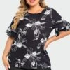Plus Size Floral Print Round Neck Ruffle Sleeves Top 2 Plus Size Floral Print Round Neck Ruffle Sleeves Top -Meetcurve Shop c top013001 1