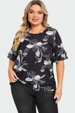 Plus Size Floral Print Round Neck Ruffle Sleeves Top -Meetcurve Shop c top013001 3