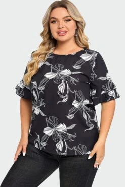 Plus Size Floral Print Round Neck Ruffle Sleeves Top -Meetcurve Shop c top013001 4
