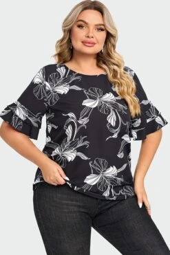 Plus Size Floral Print Round Neck Ruffle Sleeves Top -Meetcurve Shop c top013001 6