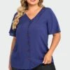 Dark Blue Solid Button V Neck Ruffles Blouse -Meetcurve Shop c top014001 1