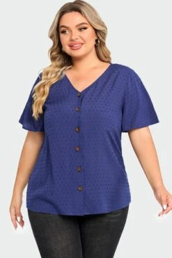 Dark Blue Solid Button V Neck Ruffles Blouse 10 Dark Blue Solid Button V Neck Ruffles Blouse -Meetcurve Shop c top014001 3