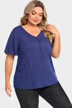 Dark Blue Solid Button V Neck Ruffles Blouse 11 Dark Blue Solid Button V Neck Ruffles Blouse -Meetcurve Shop c top014001 5