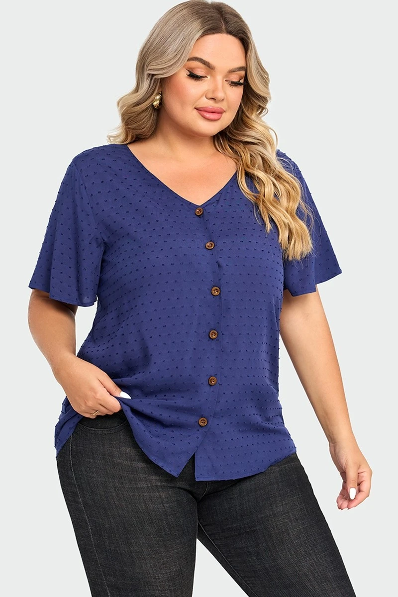 Dark Blue Solid Button V Neck Ruffles Blouse 7 Dark Blue Solid Button V Neck Ruffles Blouse - Image 5