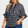 Plus Size Plaid Split V-Neck 3/4 Ruffle Sleeve Blouse 1 Plus Size Plaid Split V-Neck 3/4 Ruffle Sleeve Blouse -Meetcurve Shop c top015001 1