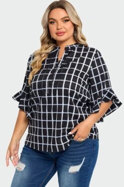 Plus Size Plaid Split V-Neck 3/4 Ruffle Sleeve Blouse