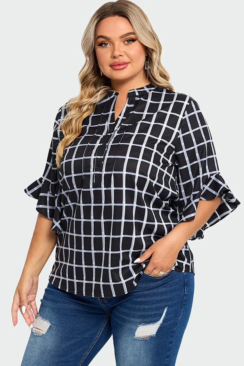 Plus Size Plaid Split V-Neck 3/4 Ruffle Sleeve Blouse 3 Plus Size Plaid Split V-Neck 3/4 Ruffle Sleeve Blouse