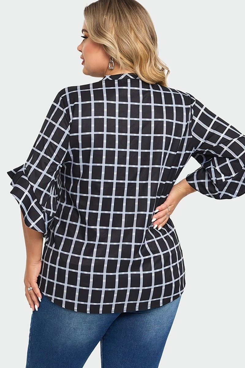 Plus Size Plaid Split V-Neck 3/4 Ruffle Sleeve Blouse 4 Plus Size Plaid Split V-Neck 3/4 Ruffle Sleeve Blouse - Image 2