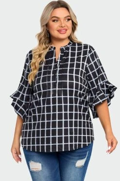 Plus Size Plaid Split V-Neck 3/4 Ruffle Sleeve Blouse 10 Plus Size Plaid Split V-Neck 3/4 Ruffle Sleeve Blouse -Meetcurve Shop c top015001 3