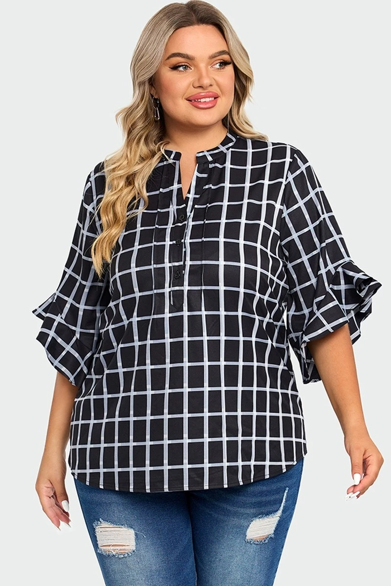 Plus Size Plaid Split V-Neck 3/4 Ruffle Sleeve Blouse 5 Plus Size Plaid Split V-Neck 3/4 Ruffle Sleeve Blouse - Image 3