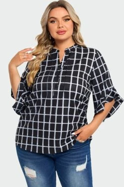 Plus Size Plaid Split V-Neck 3/4 Ruffle Sleeve Blouse 11 Plus Size Plaid Split V-Neck 3/4 Ruffle Sleeve Blouse -Meetcurve Shop c top015001 4