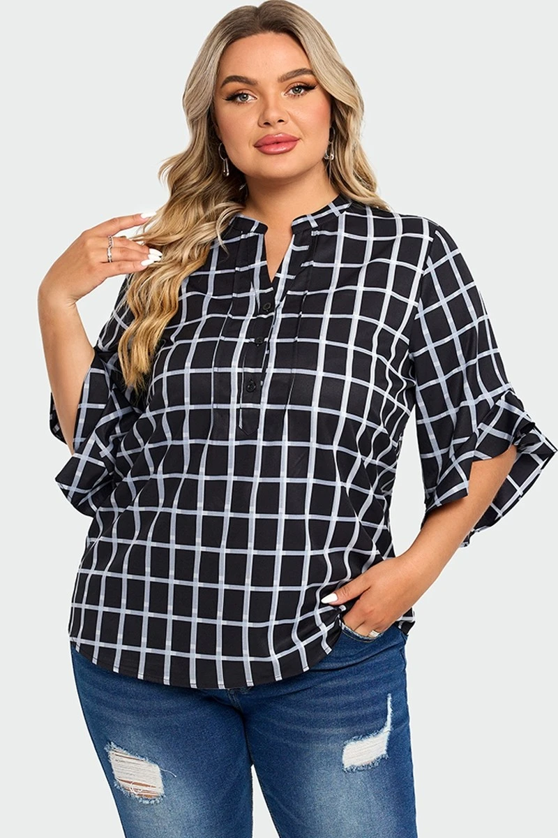 Plus Size Plaid Split V-Neck 3/4 Ruffle Sleeve Blouse 6 Plus Size Plaid Split V-Neck 3/4 Ruffle Sleeve Blouse - Image 4