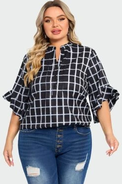 Plus Size Plaid Split V-Neck 3/4 Ruffle Sleeve Blouse 13 Plus Size Plaid Split V-Neck 3/4 Ruffle Sleeve Blouse -Meetcurve Shop c top015001 5