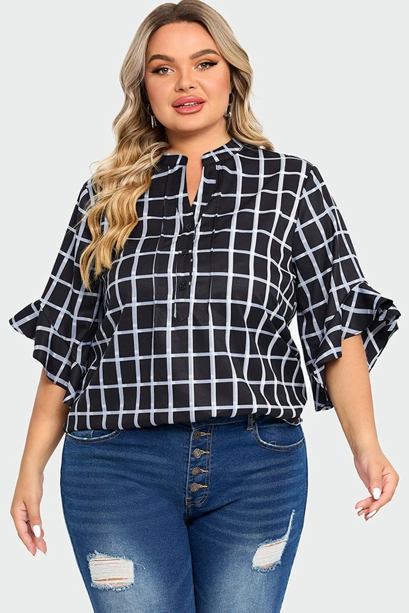 Plus Size Plaid Split V-Neck 3/4 Ruffle Sleeve Blouse 8 Plus Size Plaid Split V-Neck 3/4 Ruffle Sleeve Blouse - Image 6
