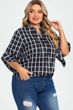 Plus Size Plaid Split V-Neck 3/4 Ruffle Sleeve Blouse 12 Plus Size Plaid Split V-Neck 3/4 Ruffle Sleeve Blouse -Meetcurve Shop c top015001 6
