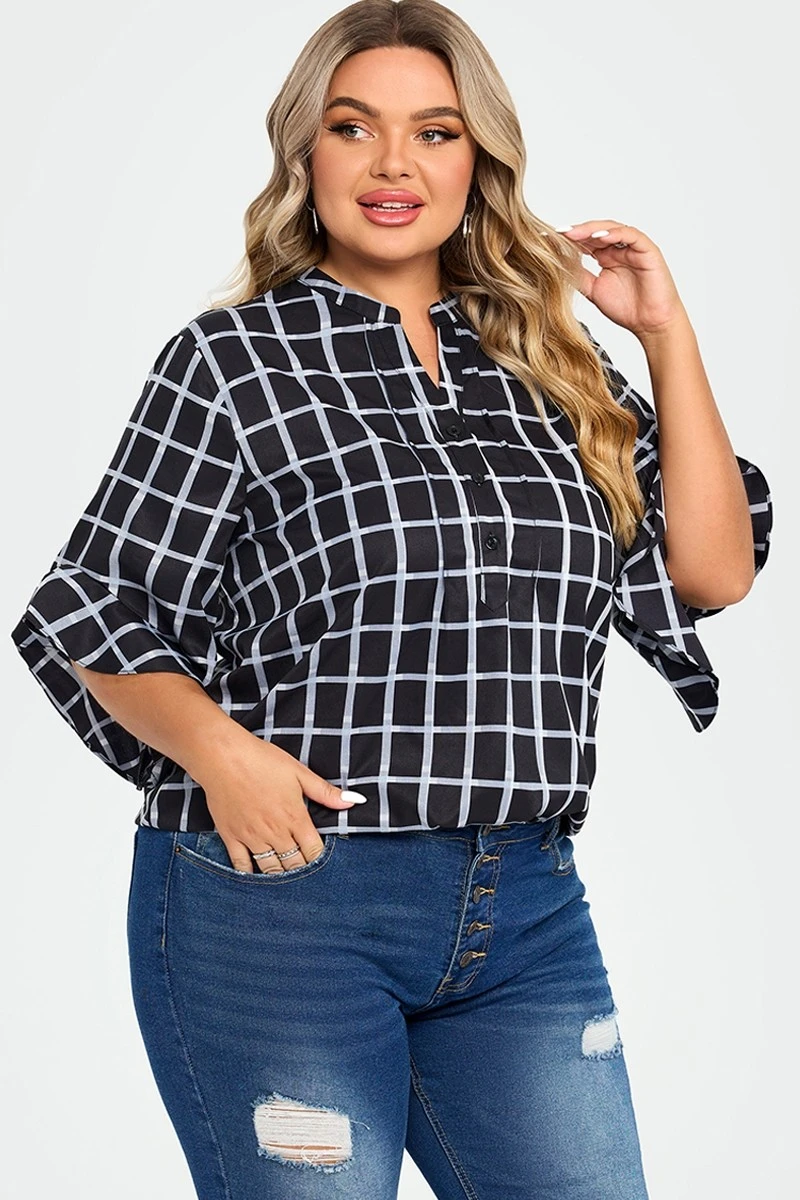 Plus Size Plaid Split V-Neck 3/4 Ruffle Sleeve Blouse 7 Plus Size Plaid Split V-Neck 3/4 Ruffle Sleeve Blouse - Image 5