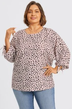 Leopard Print 3/4 Tie-Sleeve Blouse -Meetcurve Shop c top043001 5