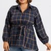Plaid Long Sleeve High Low Hem Belted Blouse 2 Plaid Long Sleeve High Low Hem Belted Blouse -Meetcurve Shop c topbc017001 1