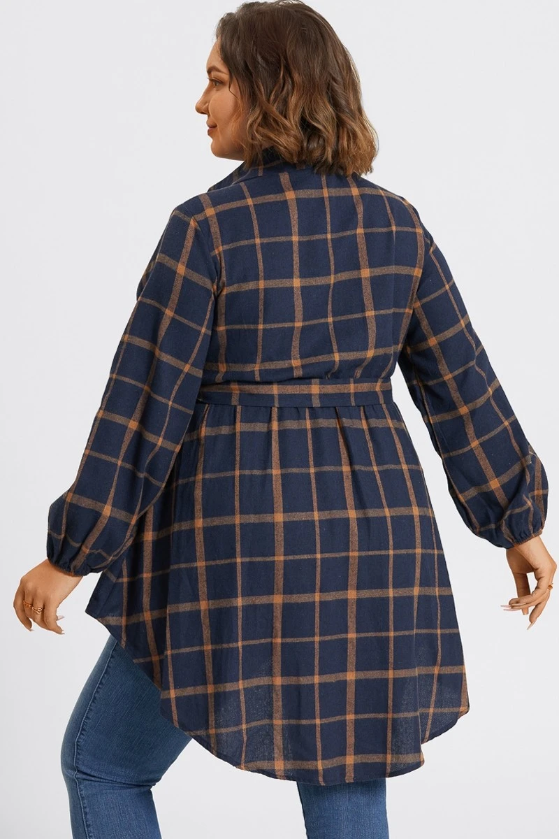 Plaid Long Sleeve High Low Hem Belted Blouse 4 Plaid Long Sleeve High Low Hem Belted Blouse - Image 2