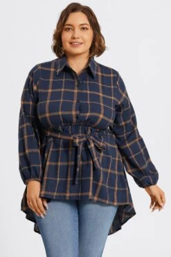 Plaid Long Sleeve High Low Hem Belted Blouse 10 Plaid Long Sleeve High Low Hem Belted Blouse -Meetcurve Shop c topbc017001 3