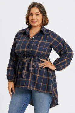 Plaid Long Sleeve High Low Hem Belted Blouse 11 Plaid Long Sleeve High Low Hem Belted Blouse -Meetcurve Shop c topbc017001 4
