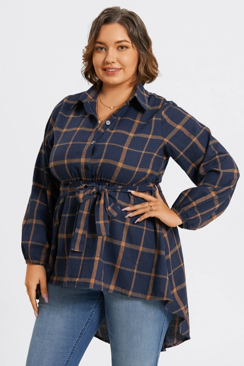 Plaid Long Sleeve High Low Hem Belted Blouse 6 Plaid Long Sleeve High Low Hem Belted Blouse - Image 4