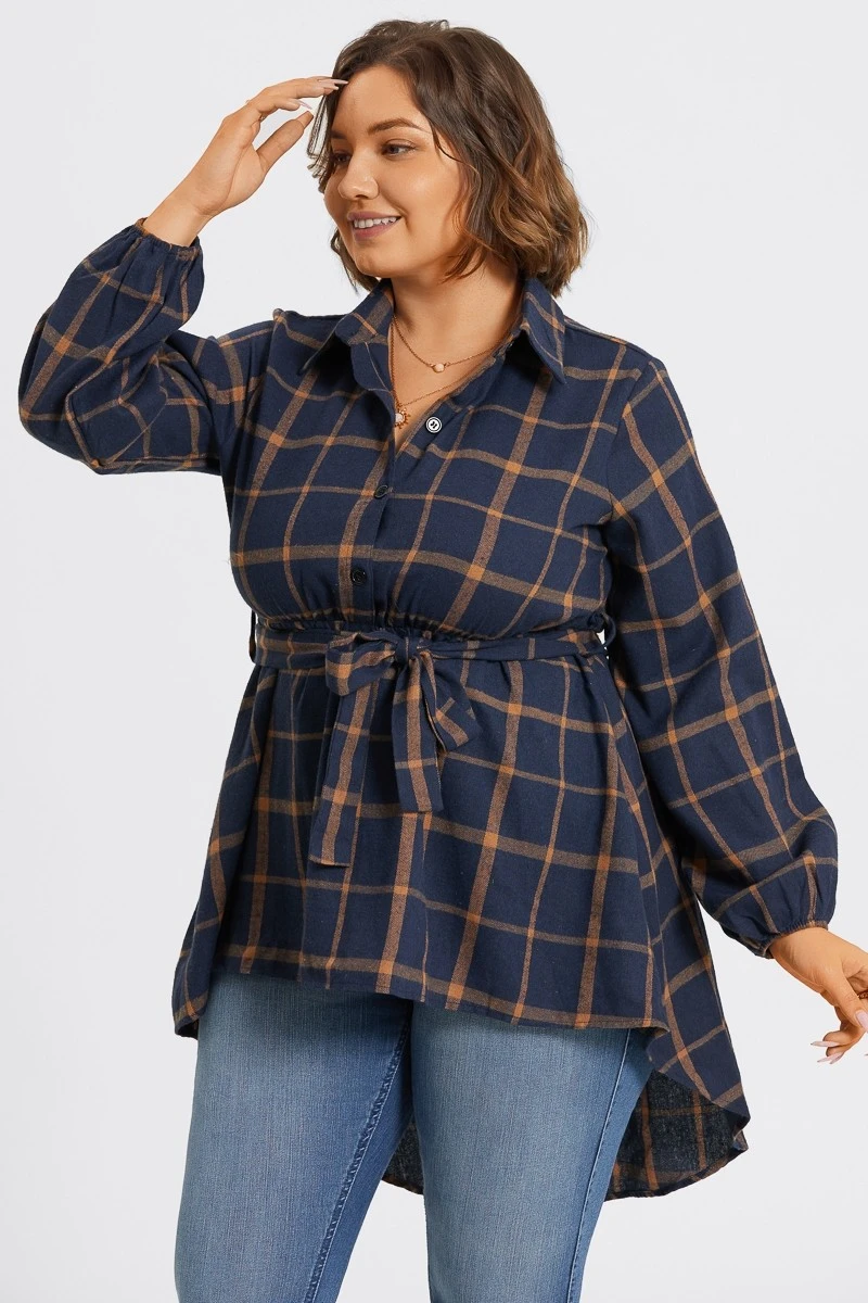 Plaid Long Sleeve High Low Hem Belted Blouse 8 Plaid Long Sleeve High Low Hem Belted Blouse - Image 6