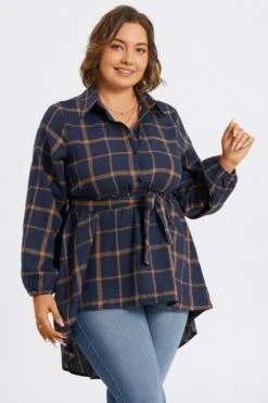 Plaid Long Sleeve High Low Hem Belted Blouse 12 Plaid Long Sleeve High Low Hem Belted Blouse -Meetcurve Shop c topbc017001 6
