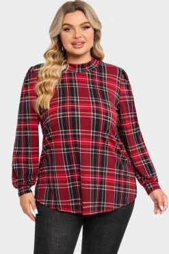 Plaid Long Sleeve Round Neck Long Blouse -Meetcurve Shop c topbc018001 1