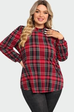 Plaid Long Sleeve Round Neck Long Blouse -Meetcurve Shop c topbc018001 4