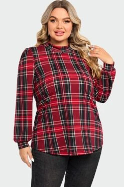 Plaid Long Sleeve Round Neck Long Blouse -Meetcurve Shop c topbc018001 6