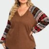 V-Neck Geometric Patchwork Knit Long Sleeve Blouse -Meetcurve Shop c topbc020001 1