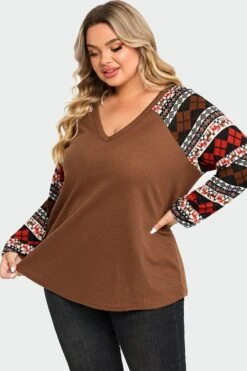 V-Neck Geometric Patchwork Knit Long Sleeve Blouse -Meetcurve Shop c topbc020001 5